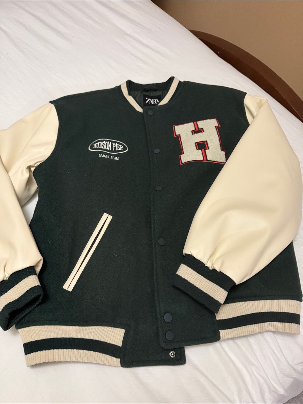 Zara Green and Cream Varsity Letterman Jacket